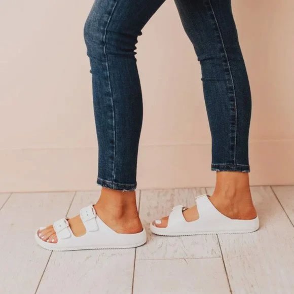 NEW Adjustable Double Buckled Straps Comfy Slip On Slides Slippers Sandals White - Picture 8 of 12
